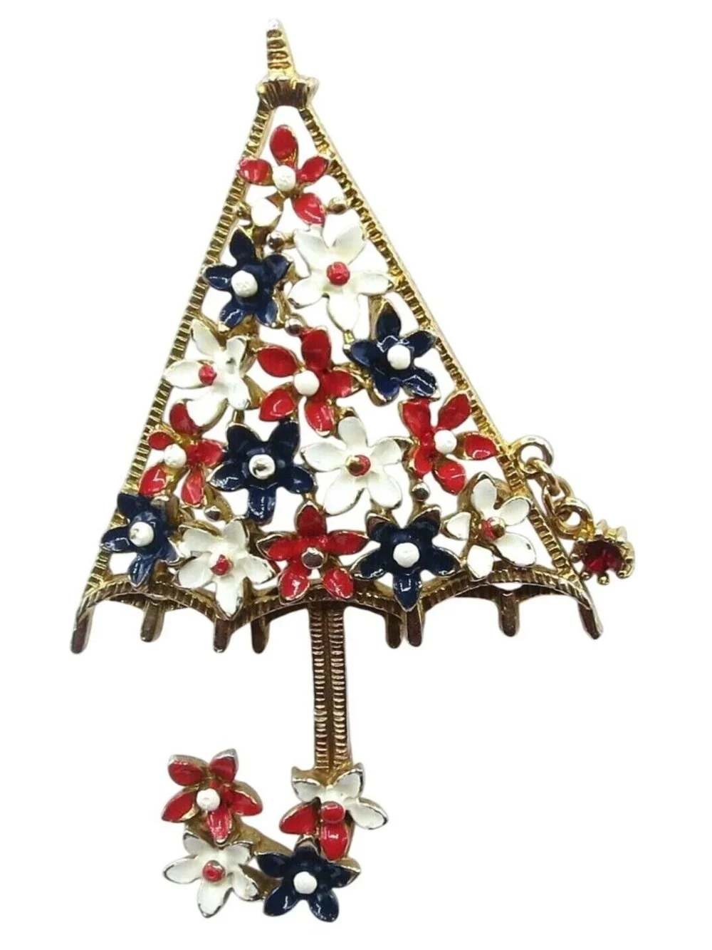 Lisner Umbrella Brooch, Rhinestone Dangle Red White Blue Enamel Flowers Pin, A16
